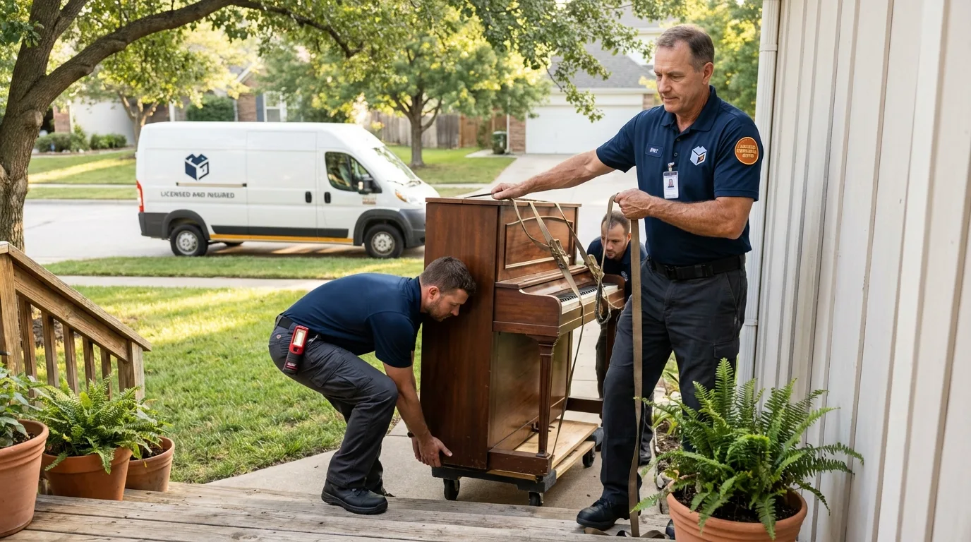 Licensed piano movers securing grand piano in Pleasanton, KS