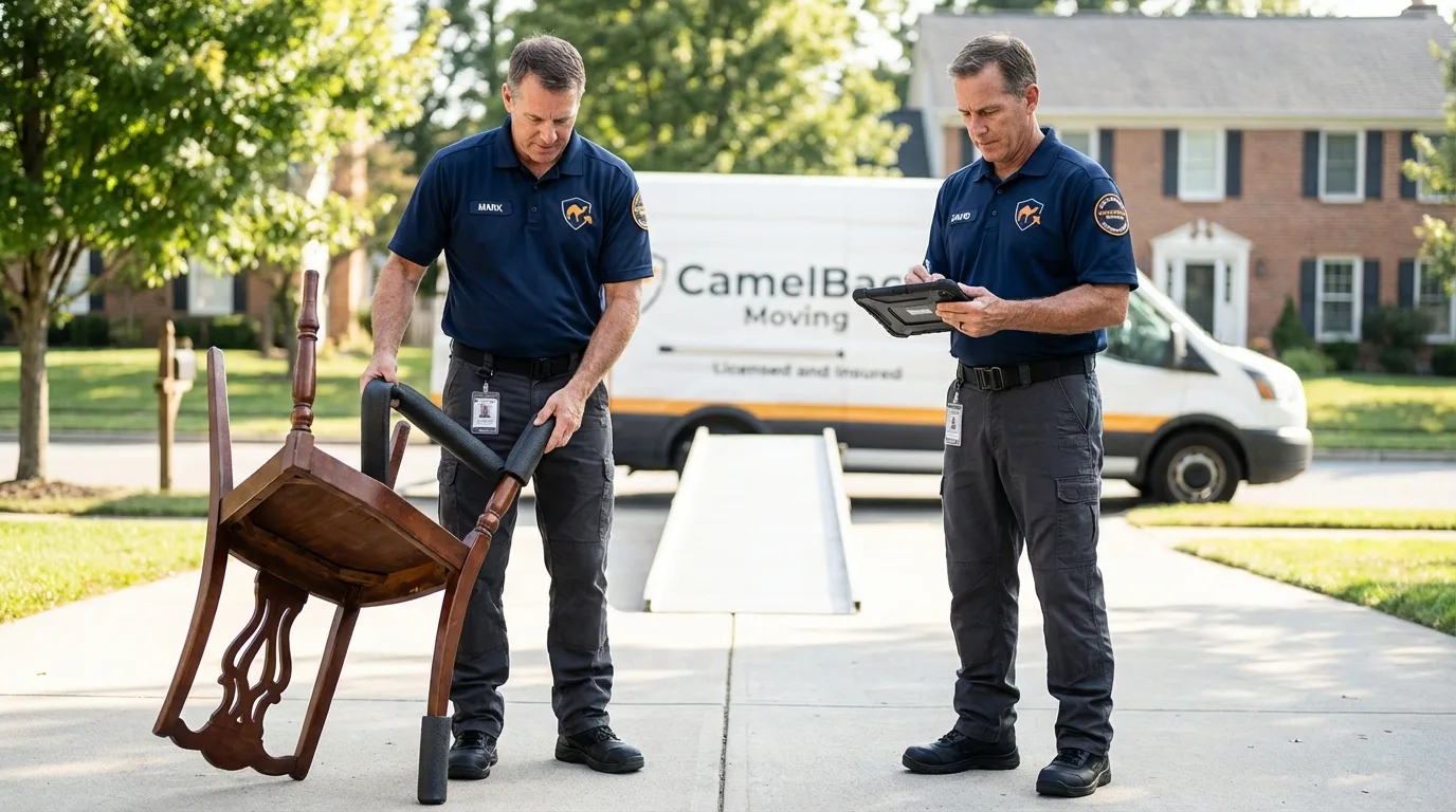 Movers inspecting furniture for damage prevention before loading in Pleasanton, KS