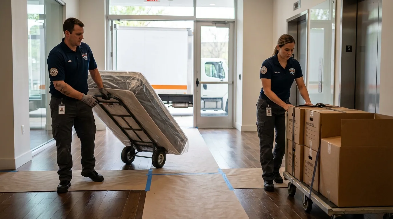 Professional apartment movers loading elevator in Pleasanton, KS