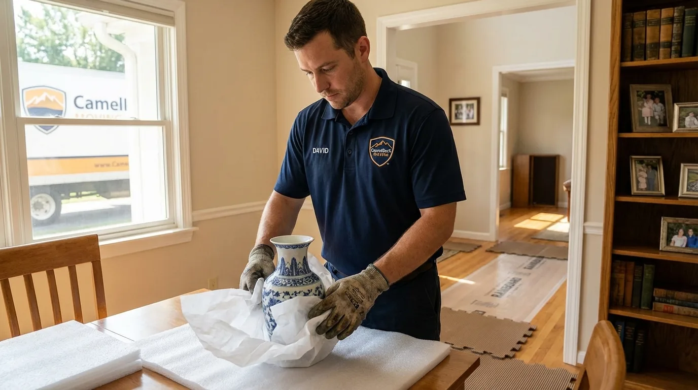 Professional crew carefully wrapping antique vase for senior downsizing move in Pleasanton, KS